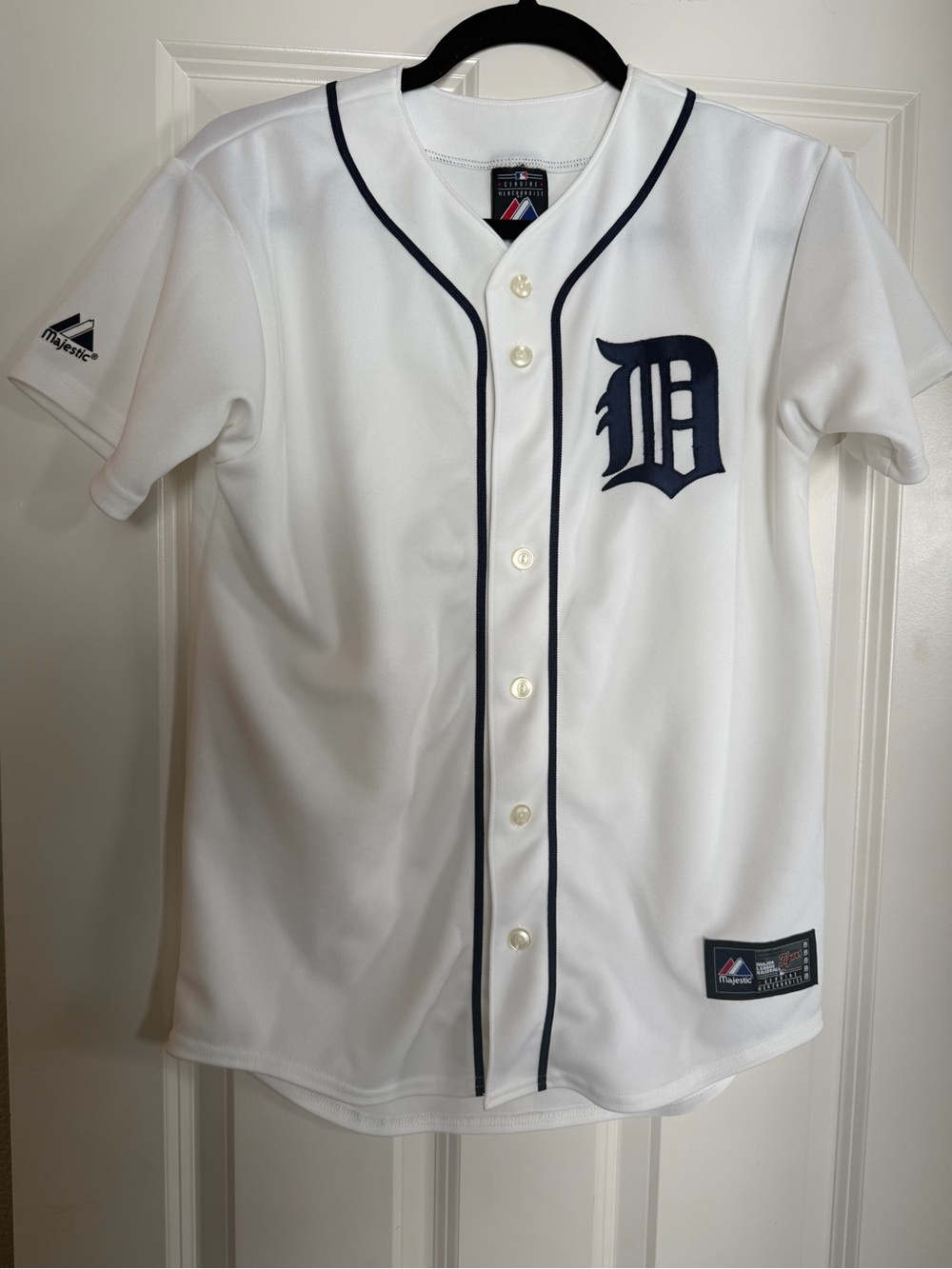 Boys Youth Large Majestic Detroit Tigers White/Navy Button-Up Jersey